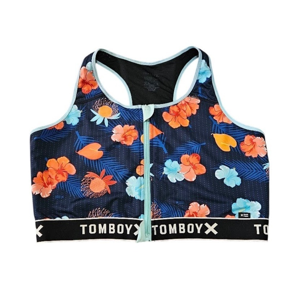 TomboyX Tropical Floral Zip Front Sports Bra Racerback Blue Orange Women 2X
